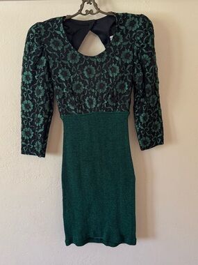 Vintage Frederick's of Hollywood Emerald Green Floral Lace Knit Bodycon Dress